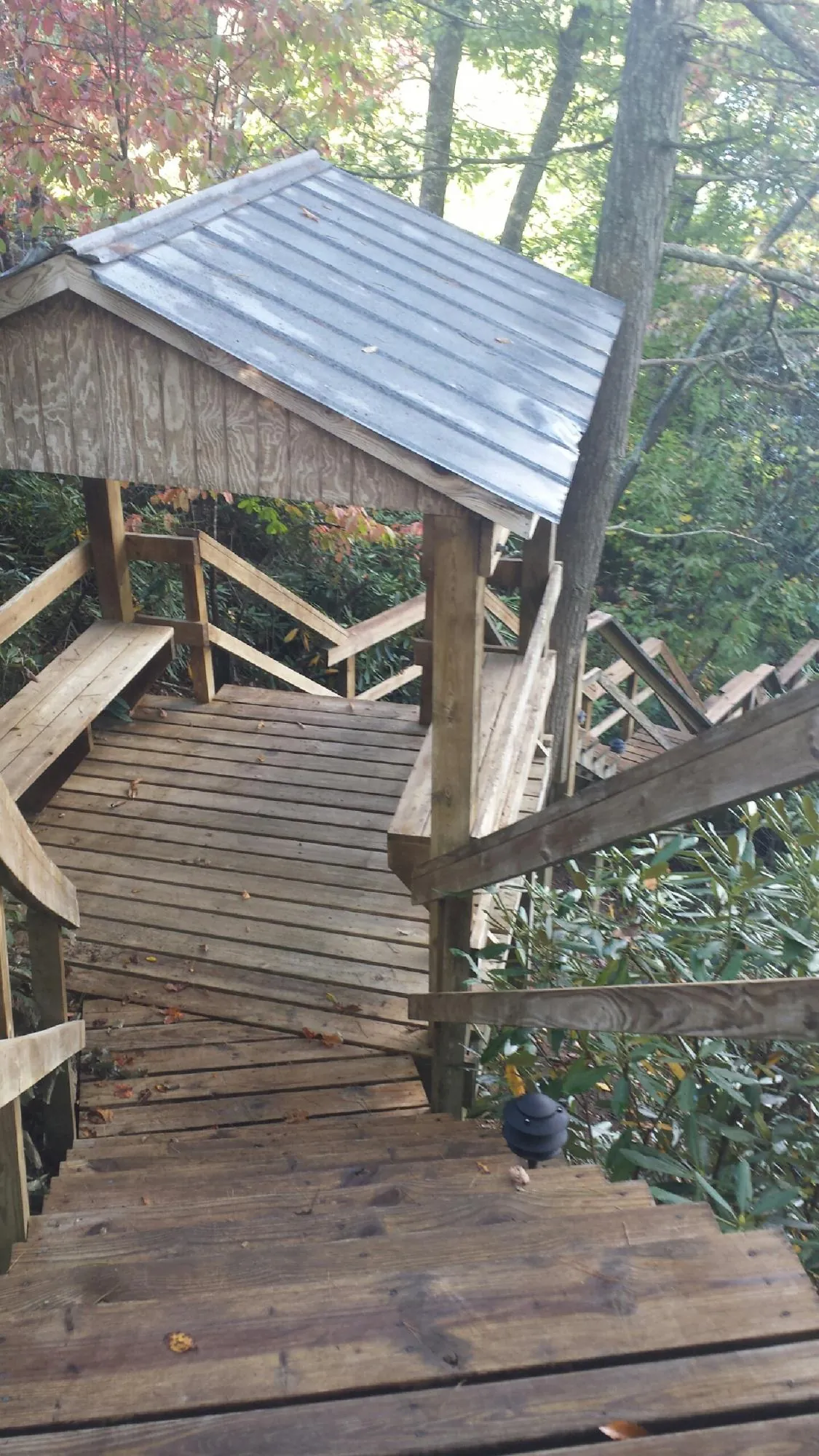 Metal roofed shelter over wooden steps on a wooded walkway — Skylight Repair & Installation work by our crew in Siletz